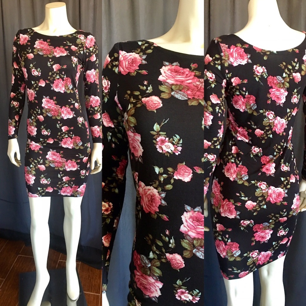 Black floral body con dress